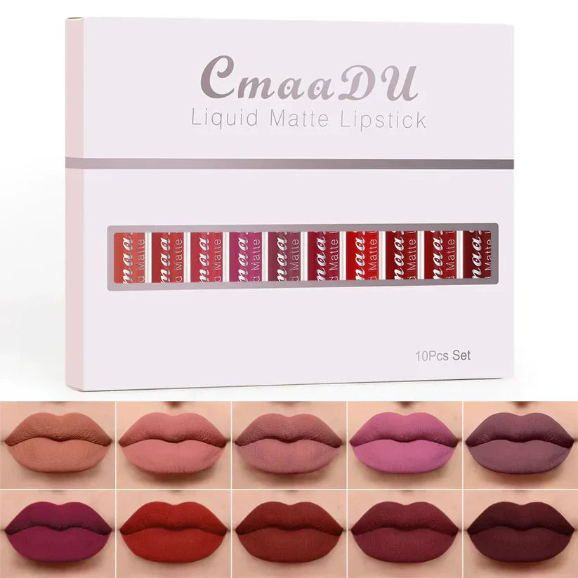 💄 10-Piece Matte Waterproof Lip Gloss Set – Bold Color, All-Day Stay